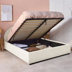 Cama com base de ripas e cabeceira 140x190cm, acabamento boucle