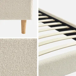 Cama com estrado de ripas, acabamento boucle, branco
