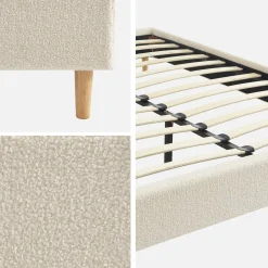 Cama com estrado de ripas, acabamento boucle, branco