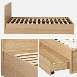 Cama com estrado de ripas e cabeceira 140x190cm + 4 gavetas decoração madeira