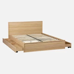 Cama com estrado de ripas e cabeceira 140x190cm + 4 gavetas decoração madeira