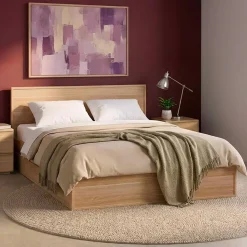 Cama com estrado de ripas e cabeceira 140x190cm + 4 gavetas decoração madeira