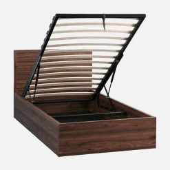 Cama com estrado de ripas e cabeceira 90x190cm, acabamento em madeira