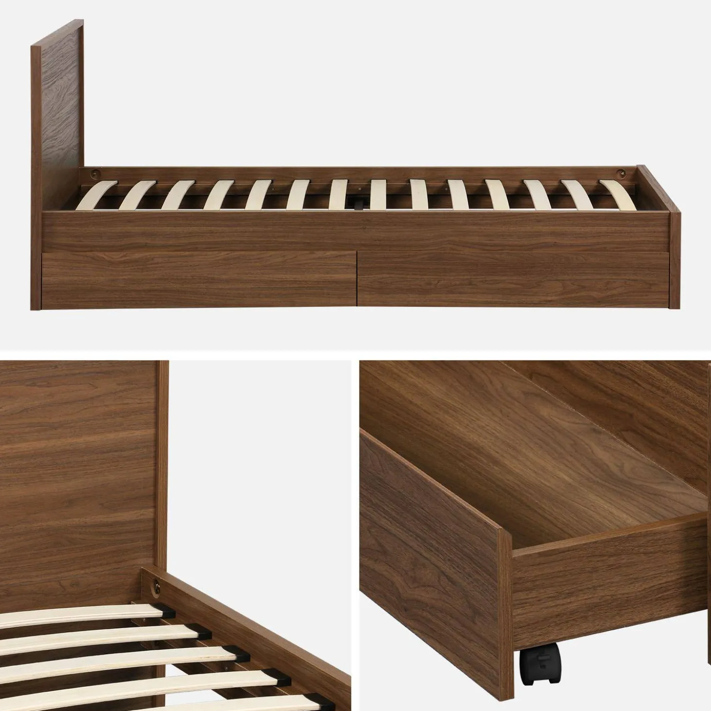 Cama com estrado de ripas e cabeceira 190cm + 2 gavetas em madeira