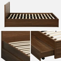 Cama com estrado de ripas e cabeceira 140x190cm + 4 gavetas decoração madeira