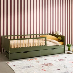 Cama infantil de 190 cm em madeira de pinho com estrado de ripas e gaveta extraível