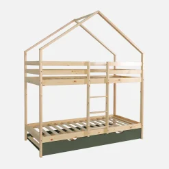 Cama infantil em beliche, 90 x 190 cm em madeira de pinho natural com cama extra