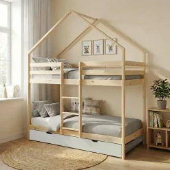 Cama infantil em beliche, 90 x 190 cm em madeira de pinho natural com cama extra