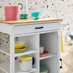 Carrinho de cozinha com bandeja de madeira de pinho e pega
