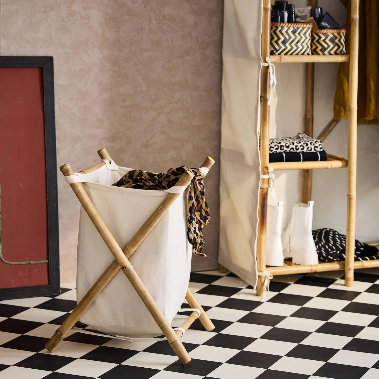 Cesto para roupa suja dobrável em bambu e tecido