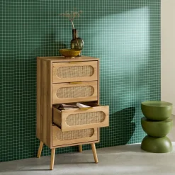 Cômoda alta decorada madeira e vime, 4 gavetas