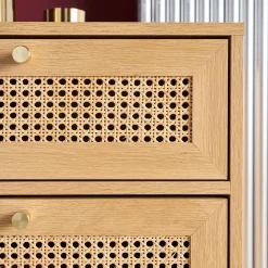 Cômoda chiffonier decoração madeira e palhinha 4 gavetas