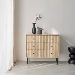 Cómoda com efeito de madeira estriada de 3 gavetas