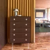 Cômoda vintage com acabamento em madeira e aço inoxidável, 5 gavetas