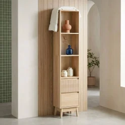 Coluna de armazenamento decoração madeira, 3 prateleiras 2 gavetas