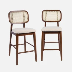 Conjunto de 2 bancos de bar em madeira de seringueira com palhinha e tecido boucle 66,5cm