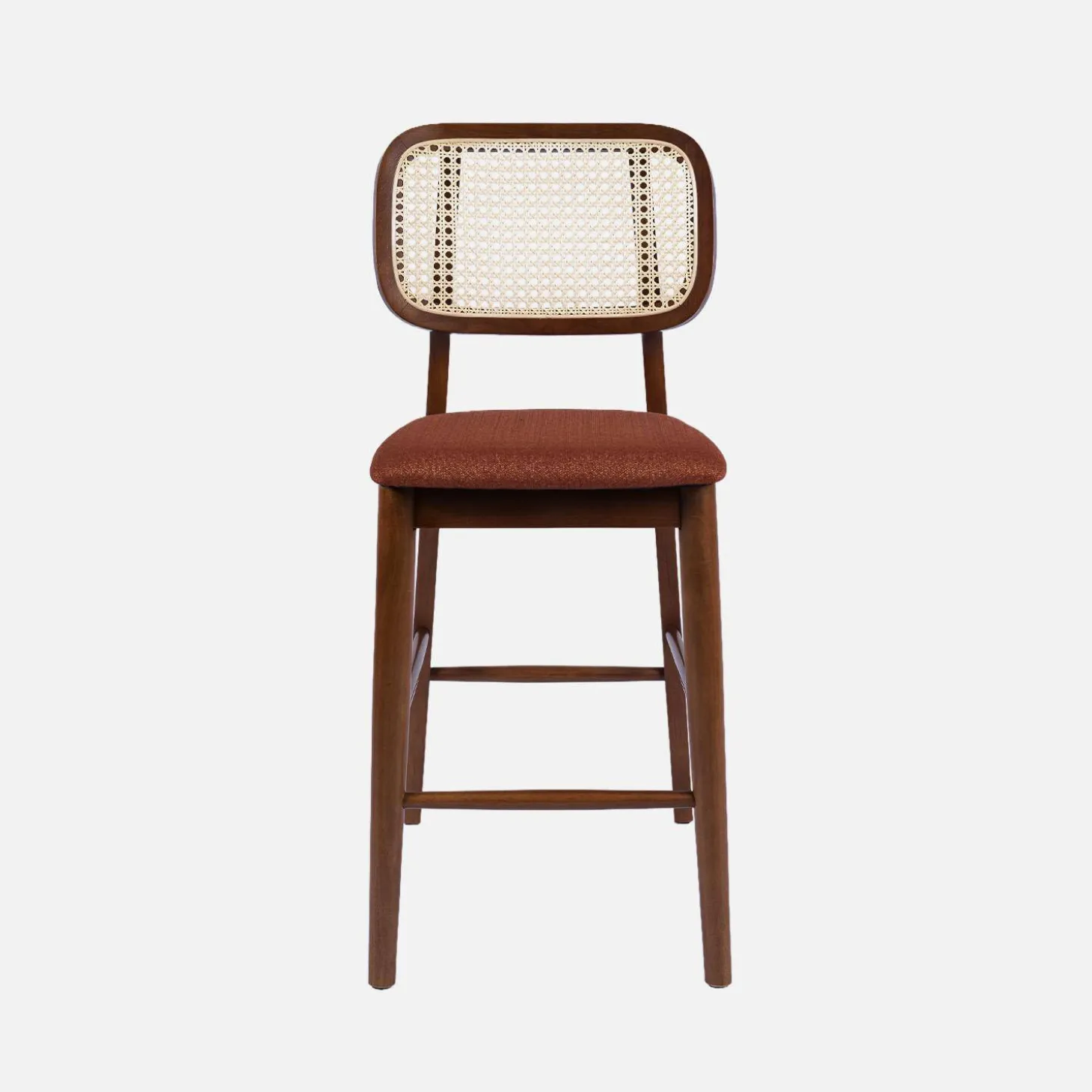 Conjunto de 2 bancos de bar vintage em madeira de seringueira com palhinha e tecido 66,5cm