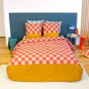 Conjunto de cama de algodão com padrão xadrez para 2 lugares vermelho e laranja