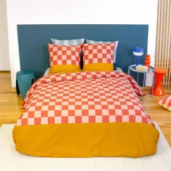 Conjunto de cama de algodão com padrão xadrez para 2 lugares vermelho e laranja