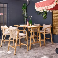 Conjunto de jardim com mesa alta em madeira de acácia com 4 cadeiras