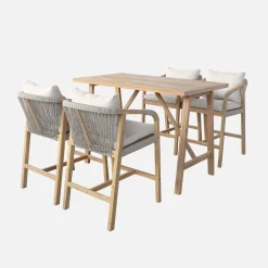 Conjunto de jardim com mesa alta em madeira de acácia com 4 cadeiras