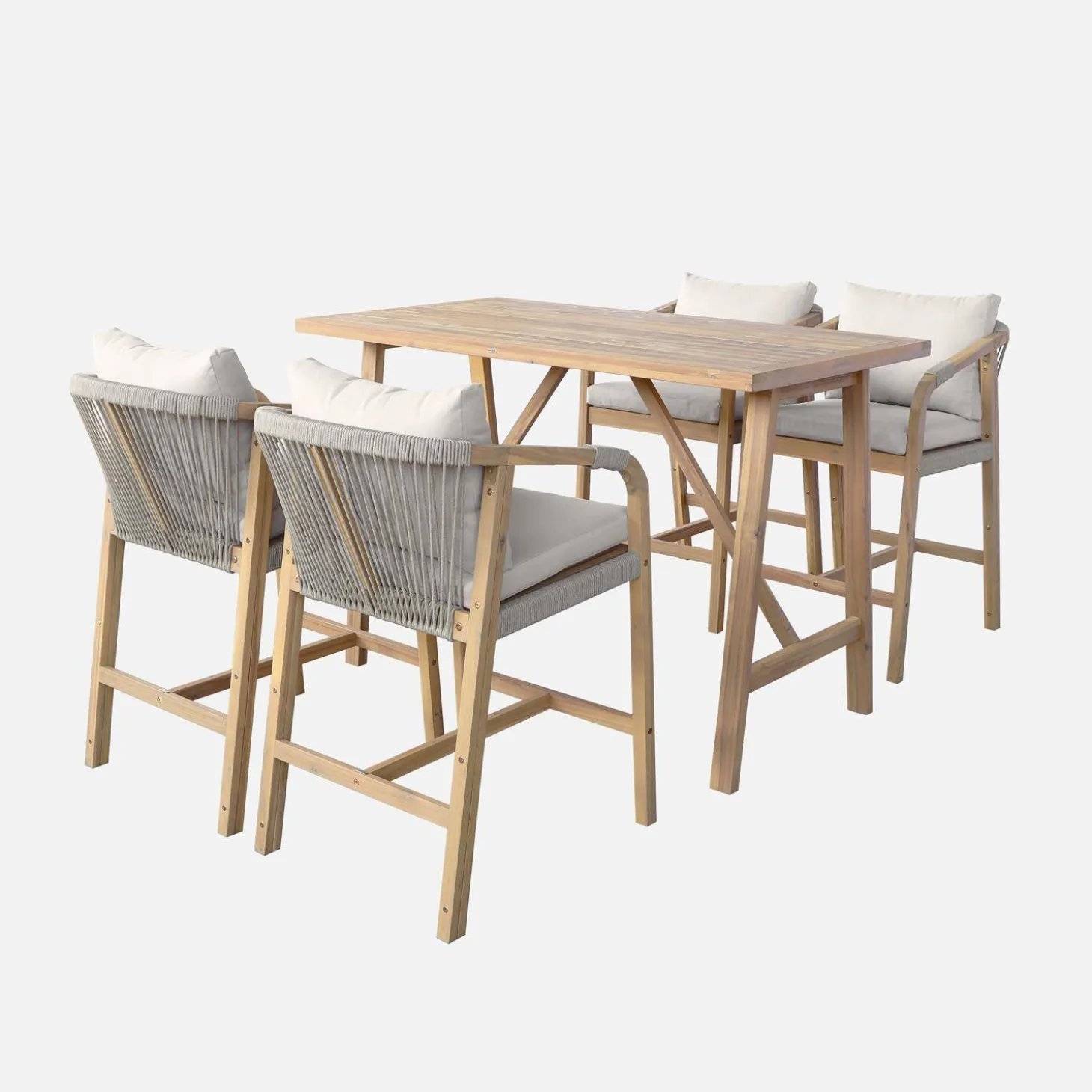 Conjunto de jardim com mesa alta em madeira de acácia com 4 cadeiras