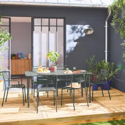 Conjunto de jardim com mesa bistrô de 160cm em aço com 2 poltronas e 4 cadeiras