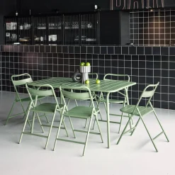Conjunto de jardim com mesa bistrô em aço com 6 cadeiras dobráveis, 140cm
