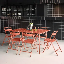 Conjunto de jardim com mesa bistrô em aço com 6 cadeiras dobráveis, 140cm