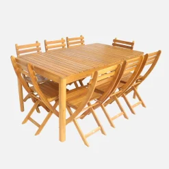Conjunto de jardim com mesa de acácia com cantos arredondados com 8 cadeiras