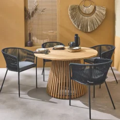 Conjunto de jardim com mesa de jantar redonda em madeira para interior/exterior com 4 cadeiras
