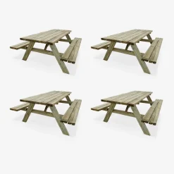 Conjunto de jardim com mesa de piquenique de madeira de pinho de 6 lugares, set de 4