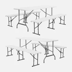 Conjunto de jardim com mesa dobrável para eventos em plástico e aço com 2 bancos, set de 2