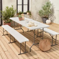 Conjunto de jardim com mesa dobrável para eventos em plástico com 2 bancos