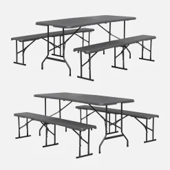 Conjunto de jardim com mesa dobrável para eventos em plástico e aço com 2 bancos, set de 2
