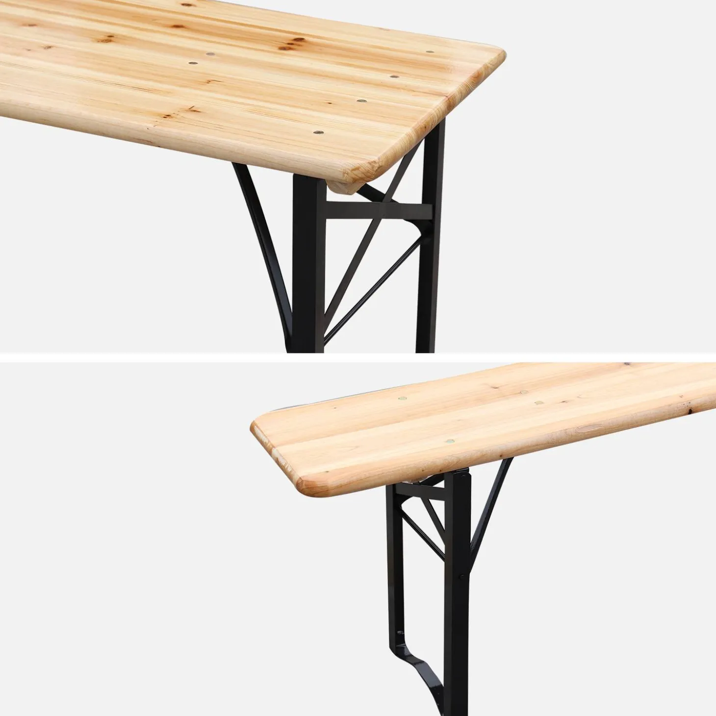 Conjunto de jardim com mesa dobrável para eventos em madeira de abeto com 2 bancos