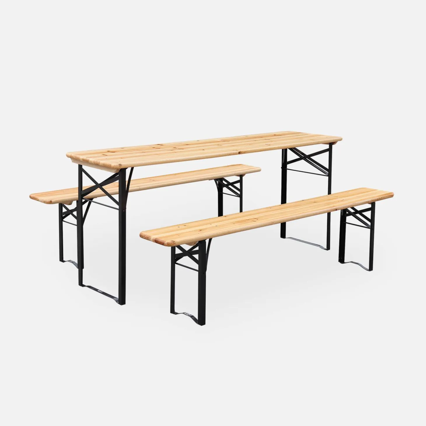 Conjunto de jardim com mesa dobrável para eventos em madeira de abeto com 2 bancos
