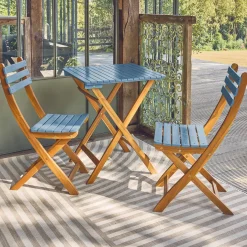 Conjunto de jardim com mesa em madeira de acácia com 2 cadeiras dobráveis