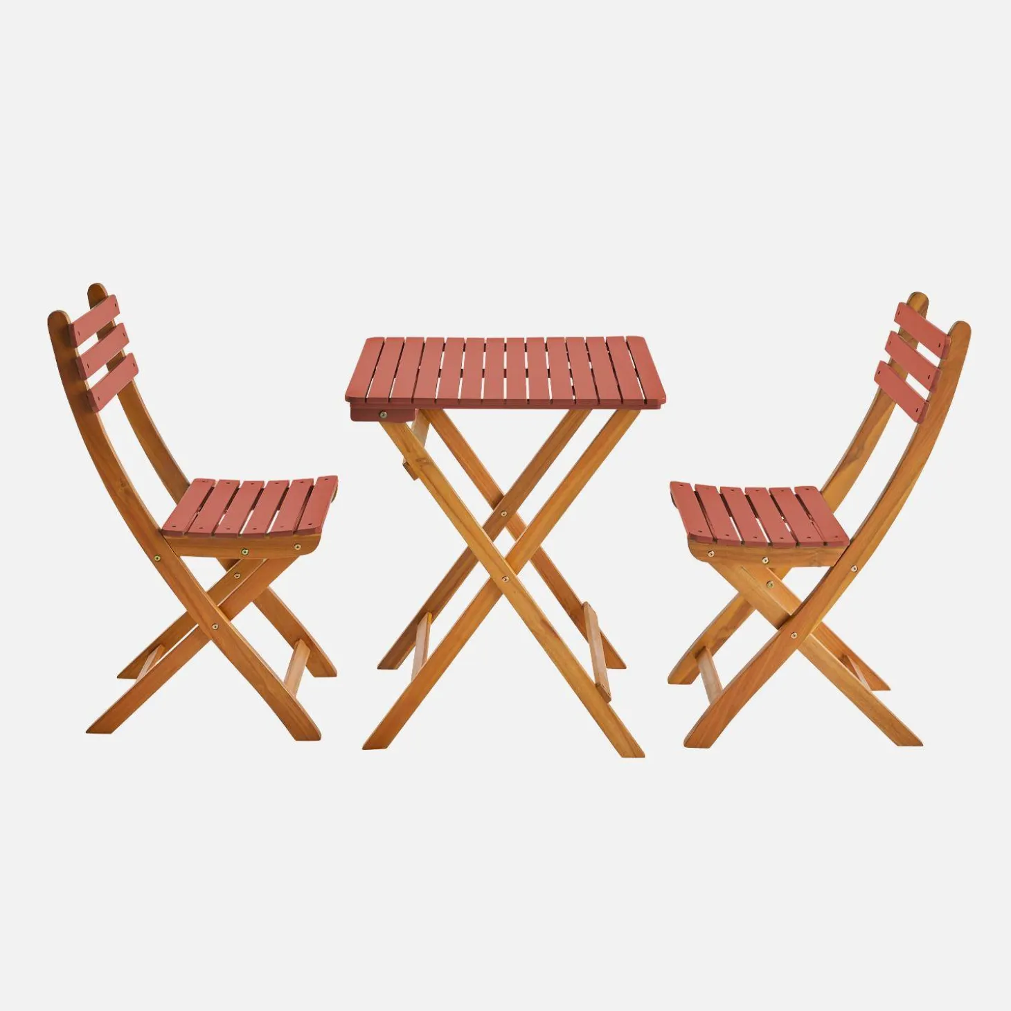 Conjunto de jardim com mesa em madeira de acácia com 2 cadeiras dobráveis
