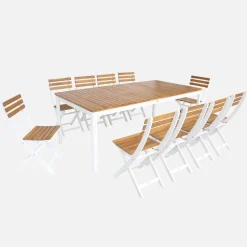 Conjunto de jardim com mesa em madeira de acácia com cantos arredondados com 10 cadeiras