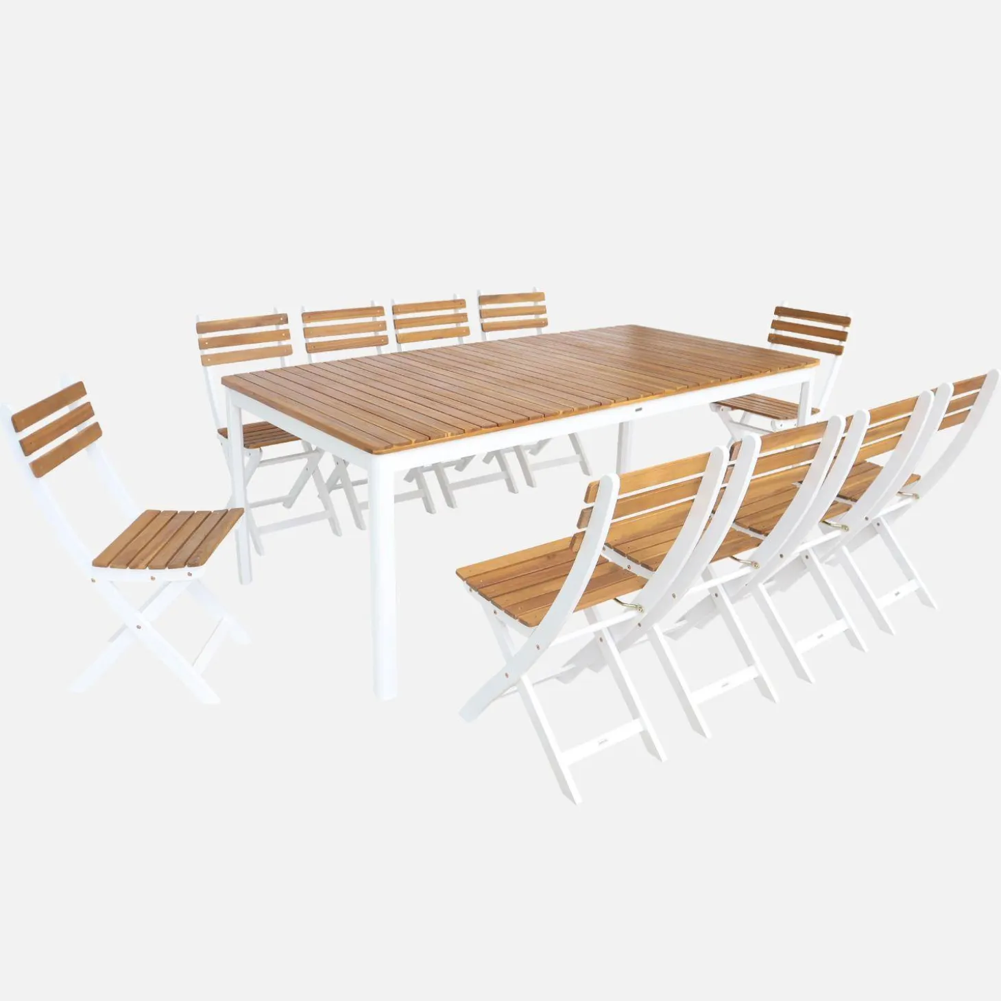 Conjunto de jardim com mesa em madeira de acácia com cantos arredondados com 10 cadeiras
