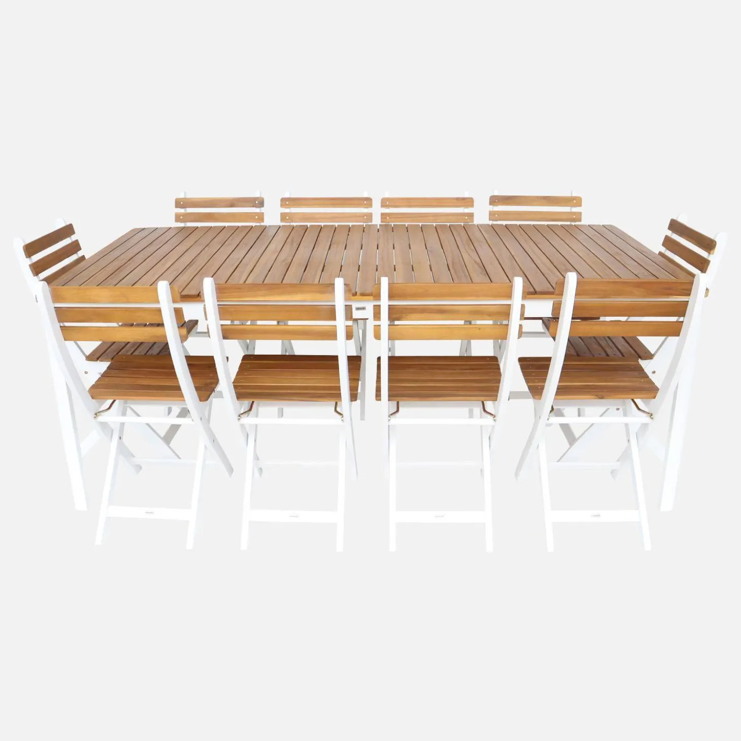 Conjunto de jardim com mesa em madeira de acácia com cantos arredondados com 10 cadeiras