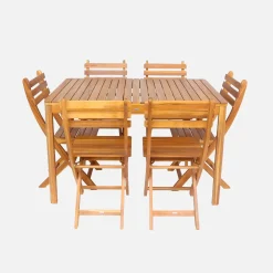 Conjunto de jardim com mesa em madeira de acácia com cantos arredondados com 6 cadeiras