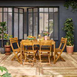 Conjunto de jardim com mesa em madeira de acácia com cantos arredondados com 6 cadeiras