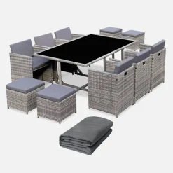Conjunto de jardim com mesa em resina com 10 cadeiras e capa de proteção