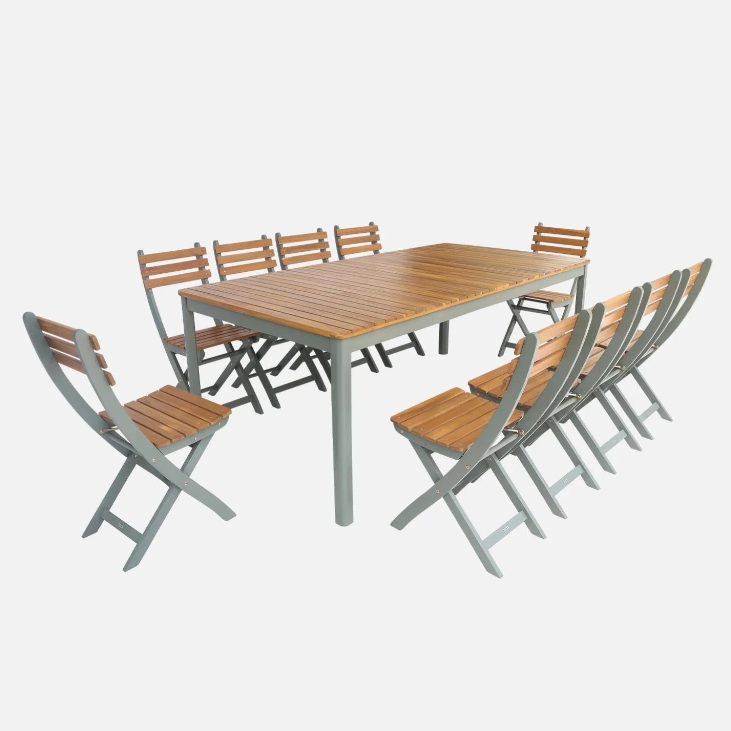 Conjunto de jardim com mesa em madeira de acácia com cantos arredondados com 10 cadeiras