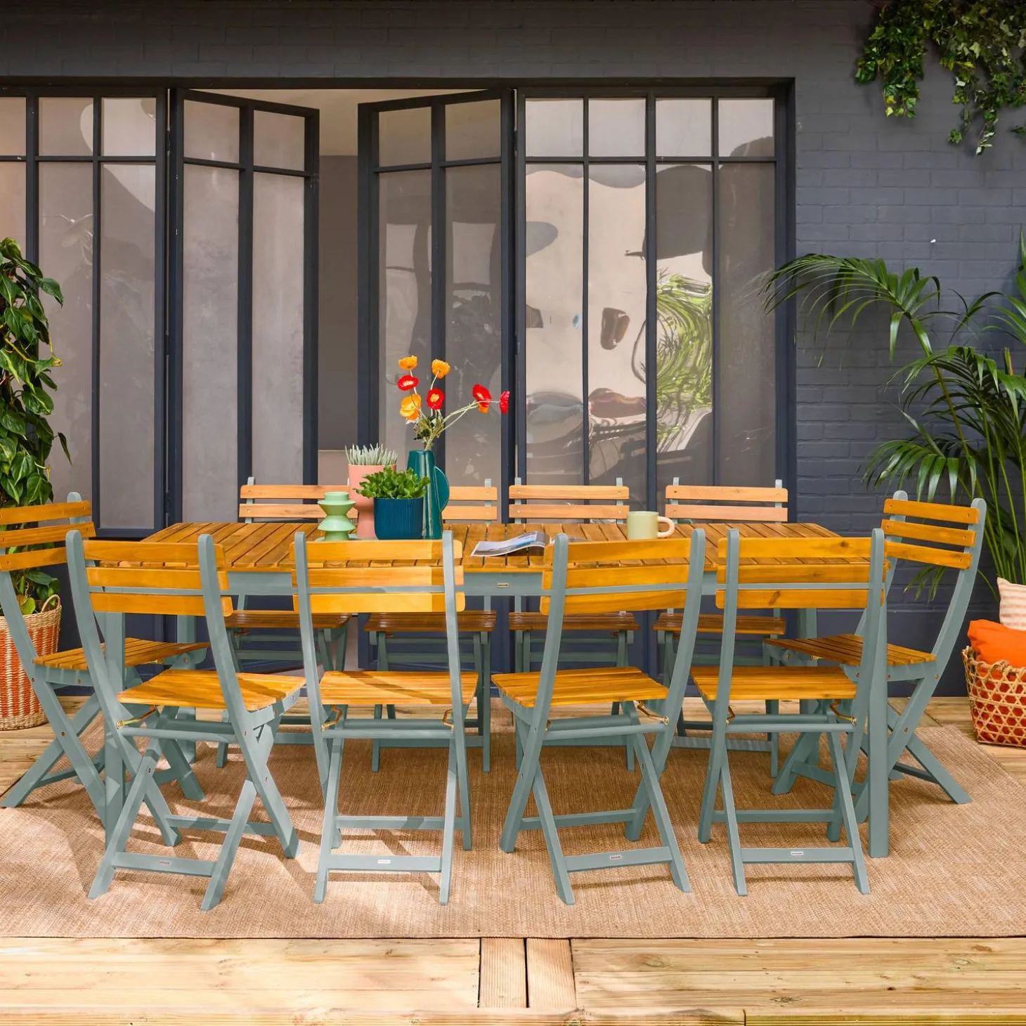 Conjunto de jardim com mesa em madeira de acácia com cantos arredondados com 10 cadeiras