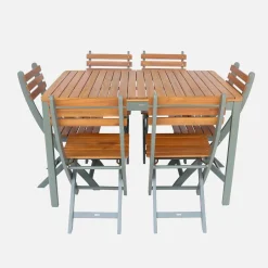 Conjunto de jardim com mesa em madeira de acácia com cantos arredondados com 6 cadeiras