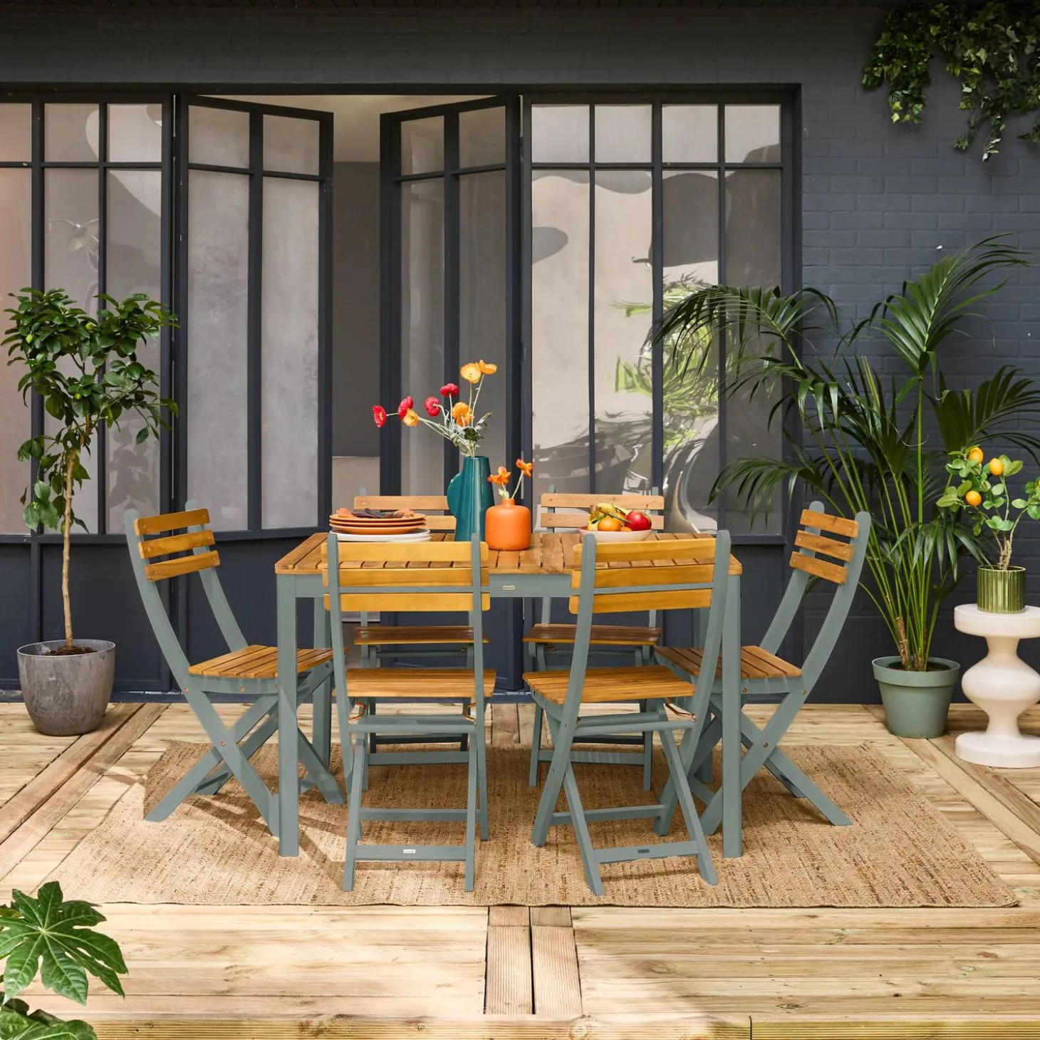 Conjunto de jardim com mesa em madeira de acácia com cantos arredondados com 6 cadeiras