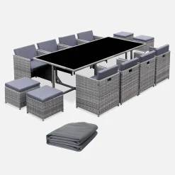 Conjunto de jardim com mesa em tecido de resina com 12 cadeirões + capa de proteção